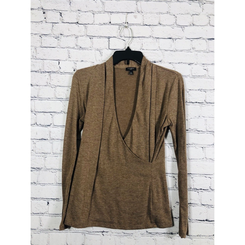 Talbots Women Petite Wrap Top Long Sleeve Surplice Knit Tan Brown SP